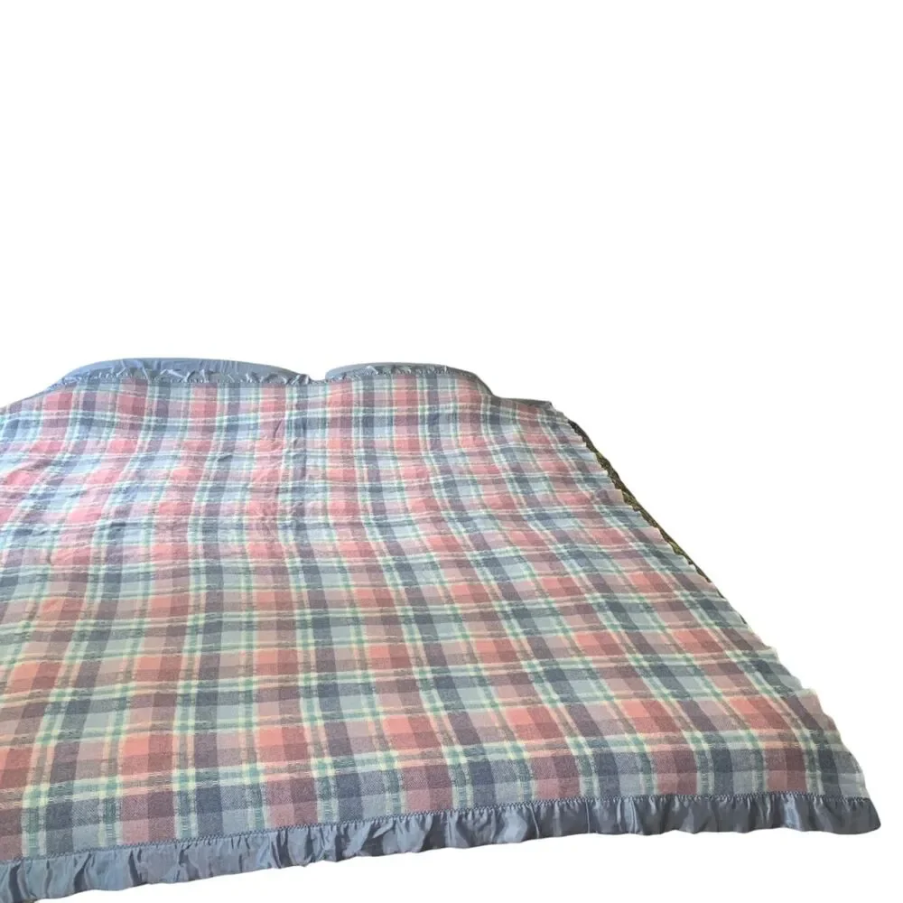 Vintage Faribo Plaid Blue Pink Pastel Wool Blend Blanket USA Satin Edge 80x74.5